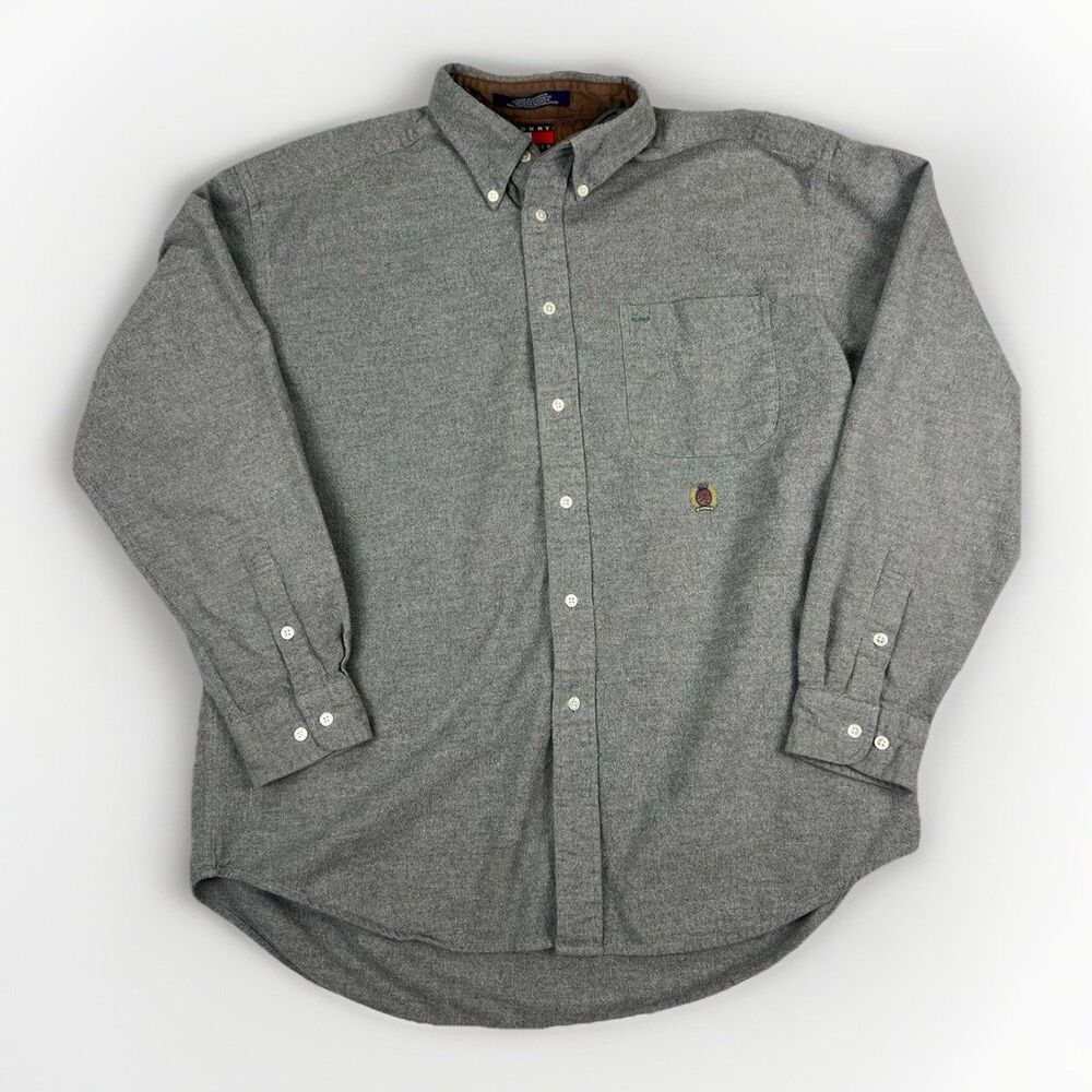 Vintage Tommy‎ Hilfiger Mens Botton Up Flannel Shirt Size Large Gray  Y2K VTG